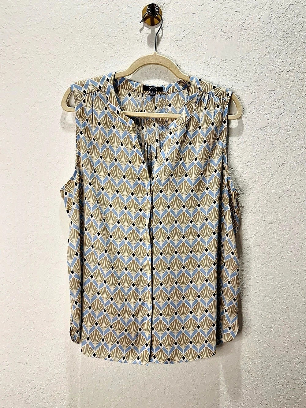 NYDJ Women's Geometric Button-Down Blouse Blue & Beige Size Large